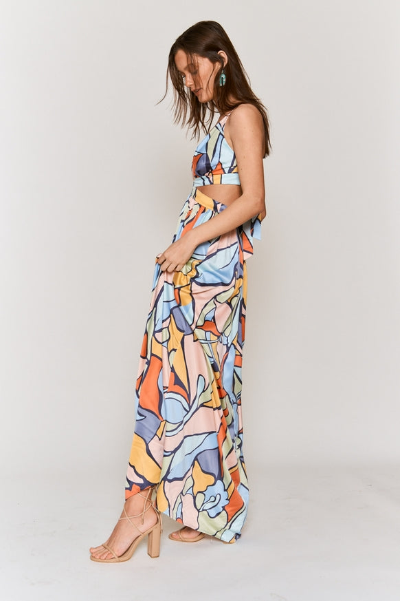 Women's Hers & Mine Abstract Print Cut Out Tie Back Maxi Dress - Miss Dressy 