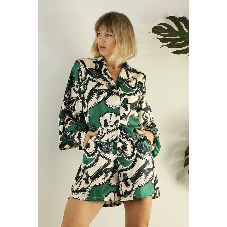 Women's Mulla Green Patterned Shirt & Short Set - Miss Dressy 