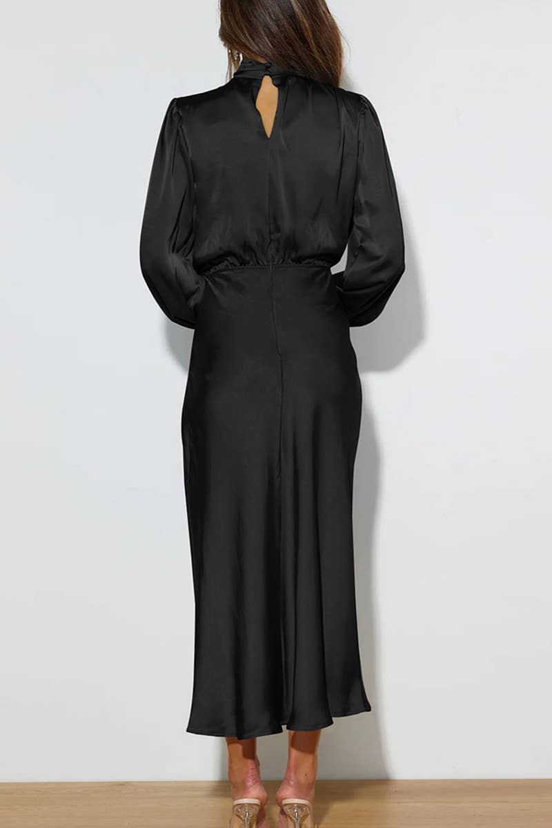 Women's elegant black satin midi dress