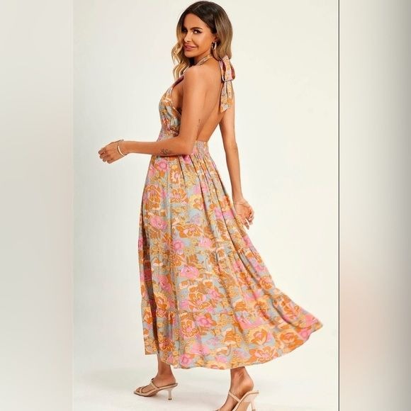 Women's FS Collection Pink flora women’s halter neck, front criss cross tie back maxi dress - Miss Dressy 