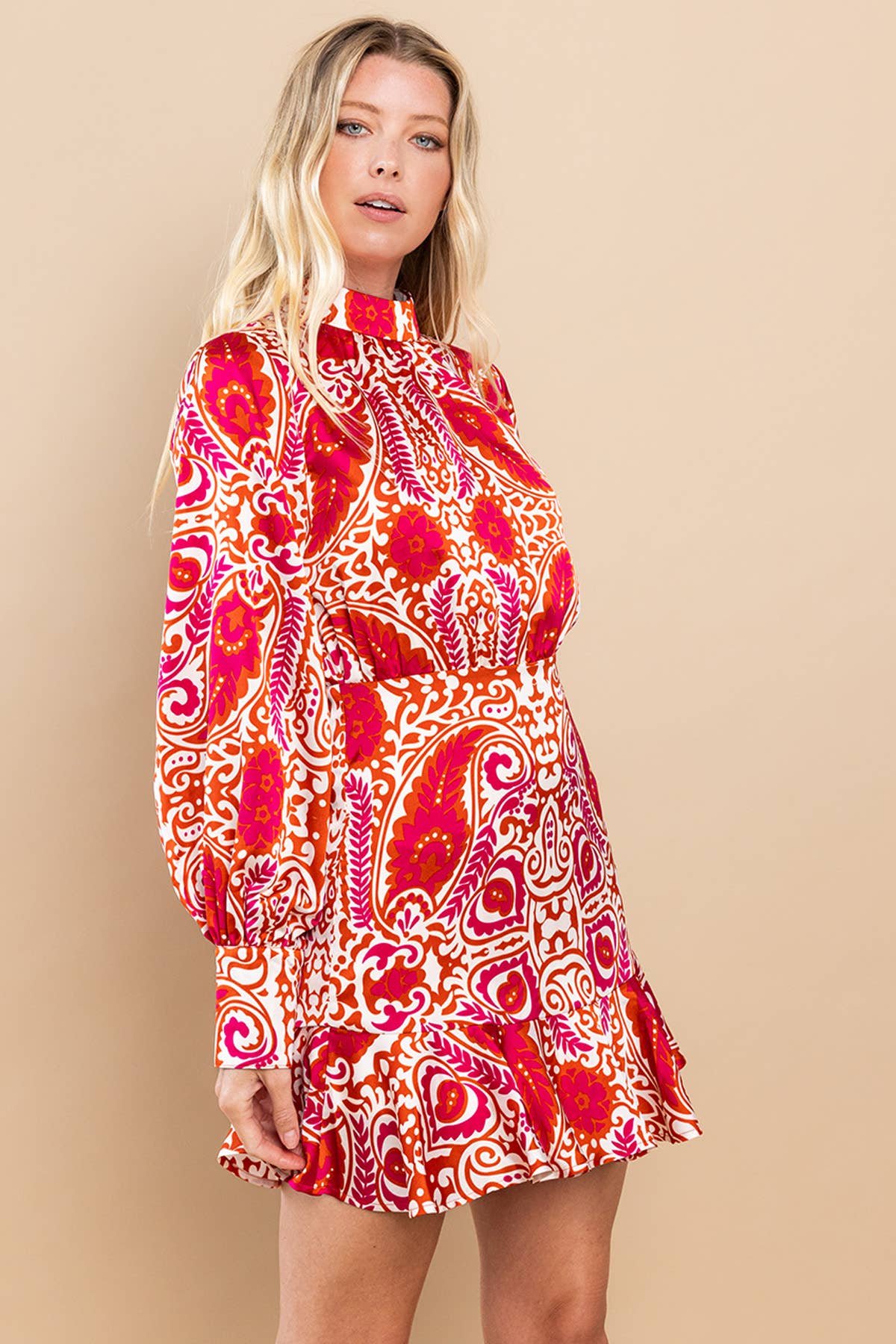 Women's Magenta Printed Long Sleeve Mini Dress