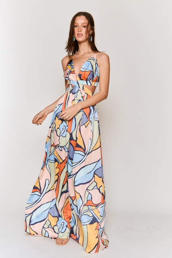 Women's Hers & Mine Abstract Print Cut Out Tie Back Maxi Dress - Miss Dressy 