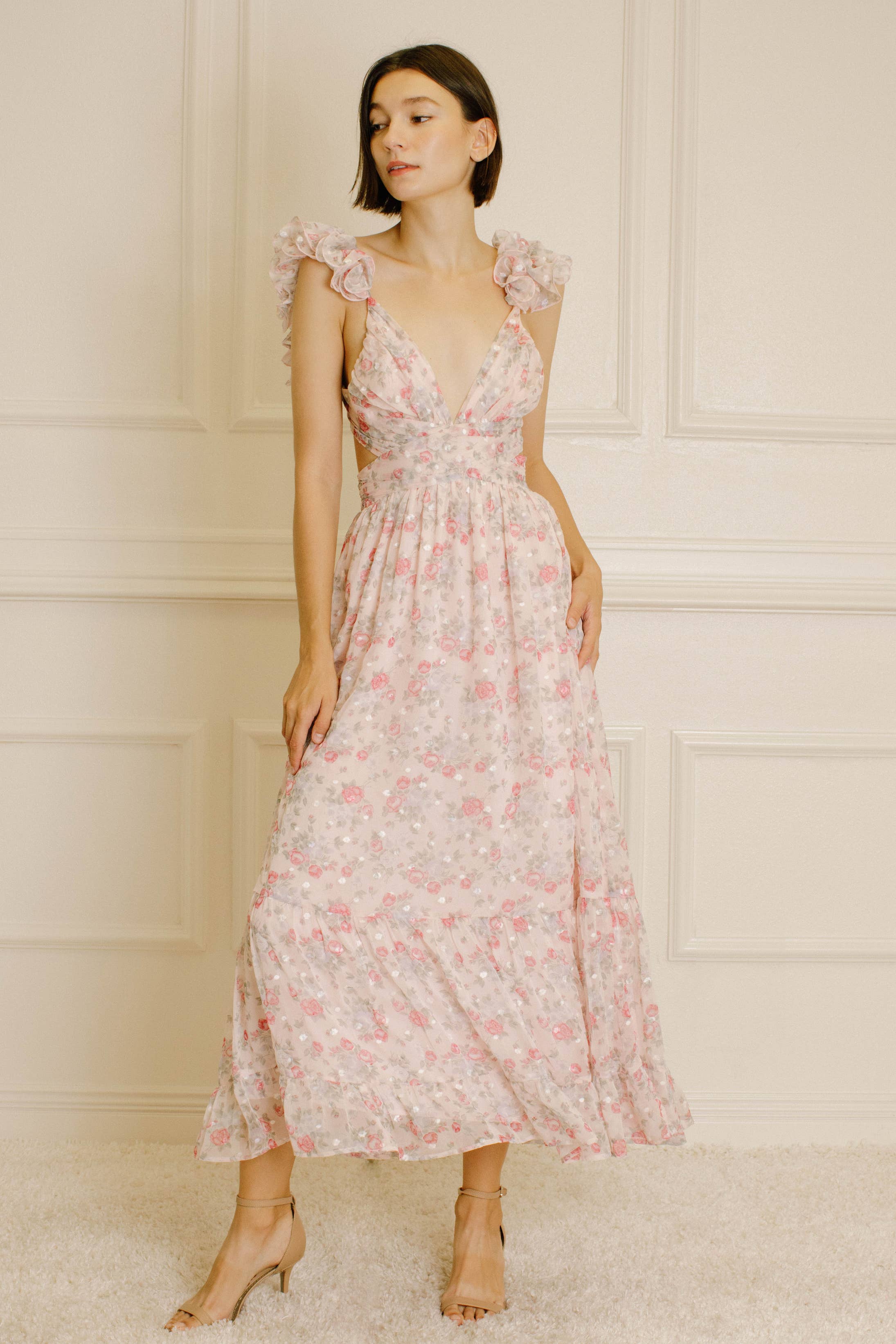 Women's Storia Floral Tiny Flowers Maxi Dress with criss-cross back tie - Miss Dressy 
