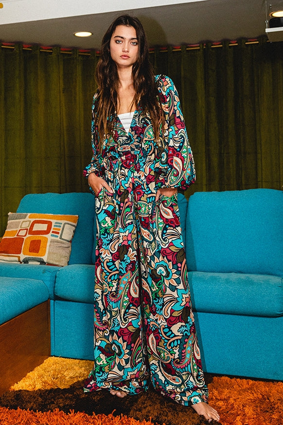 Women's Bucketlist Paisley Smocked Ruffled V-Neck Jumpsuit Teal multi-color - Miss Dressy 