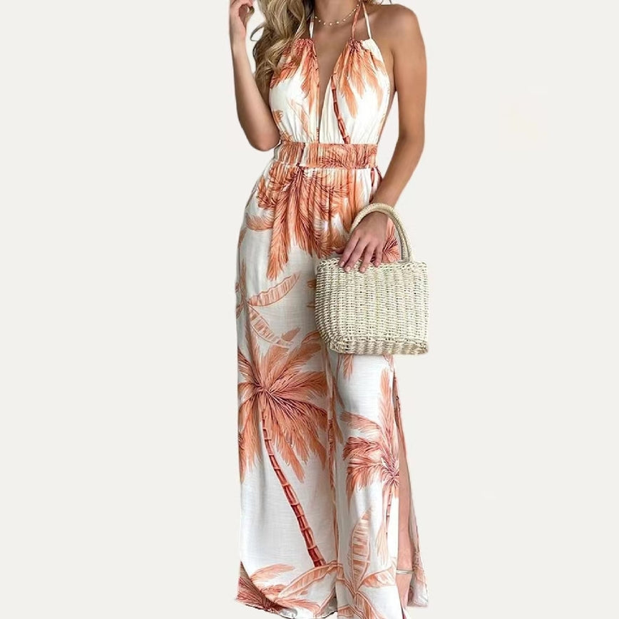 Women’s Apricot & White Leaf Print Halter Sleeveless Wide-Leg Jumpsuit