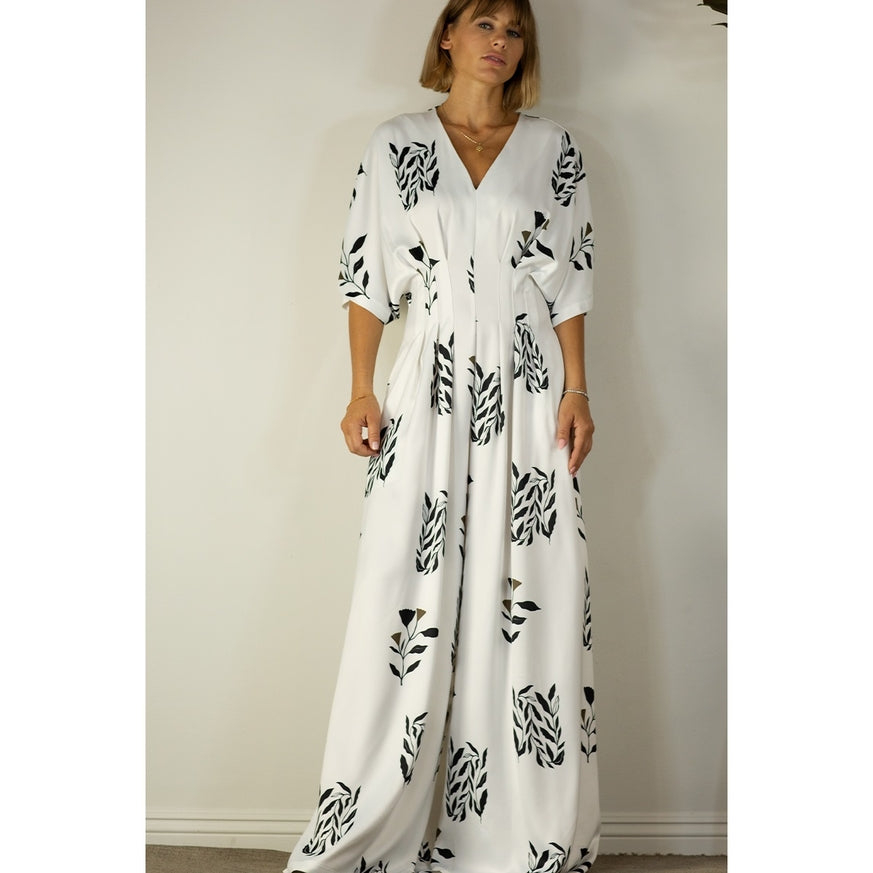 Women's Mulla Pleated Jumpsuit with Black Floral Print - Miss Dressy 
