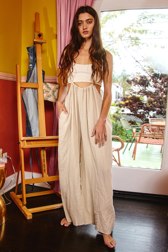 Women’s Bucketlist casual light taupe boho wide leg solid knit textured suspender pants - Miss Dressy 
