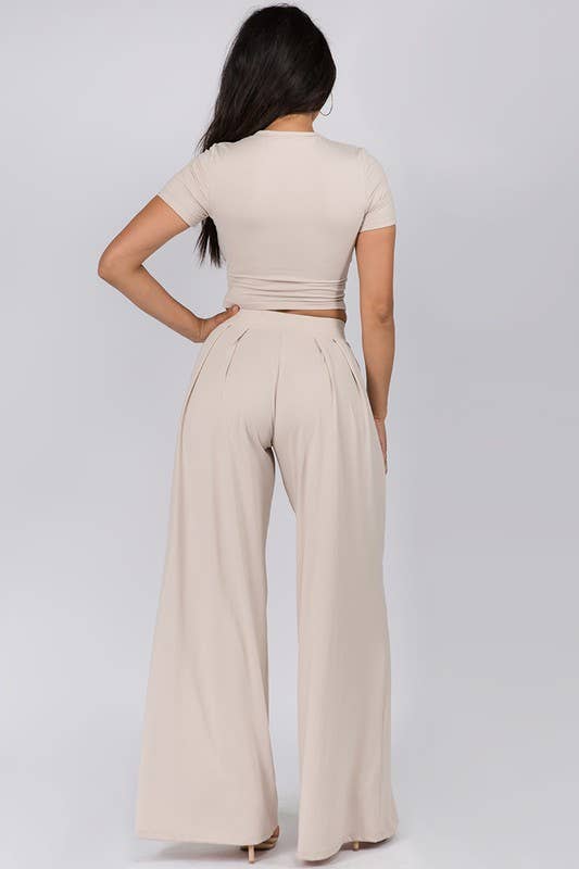 Women's Faith Apparel Crop Top & Wide Leg Palazzo Pants Set in Oatmeal - Miss Dressy 