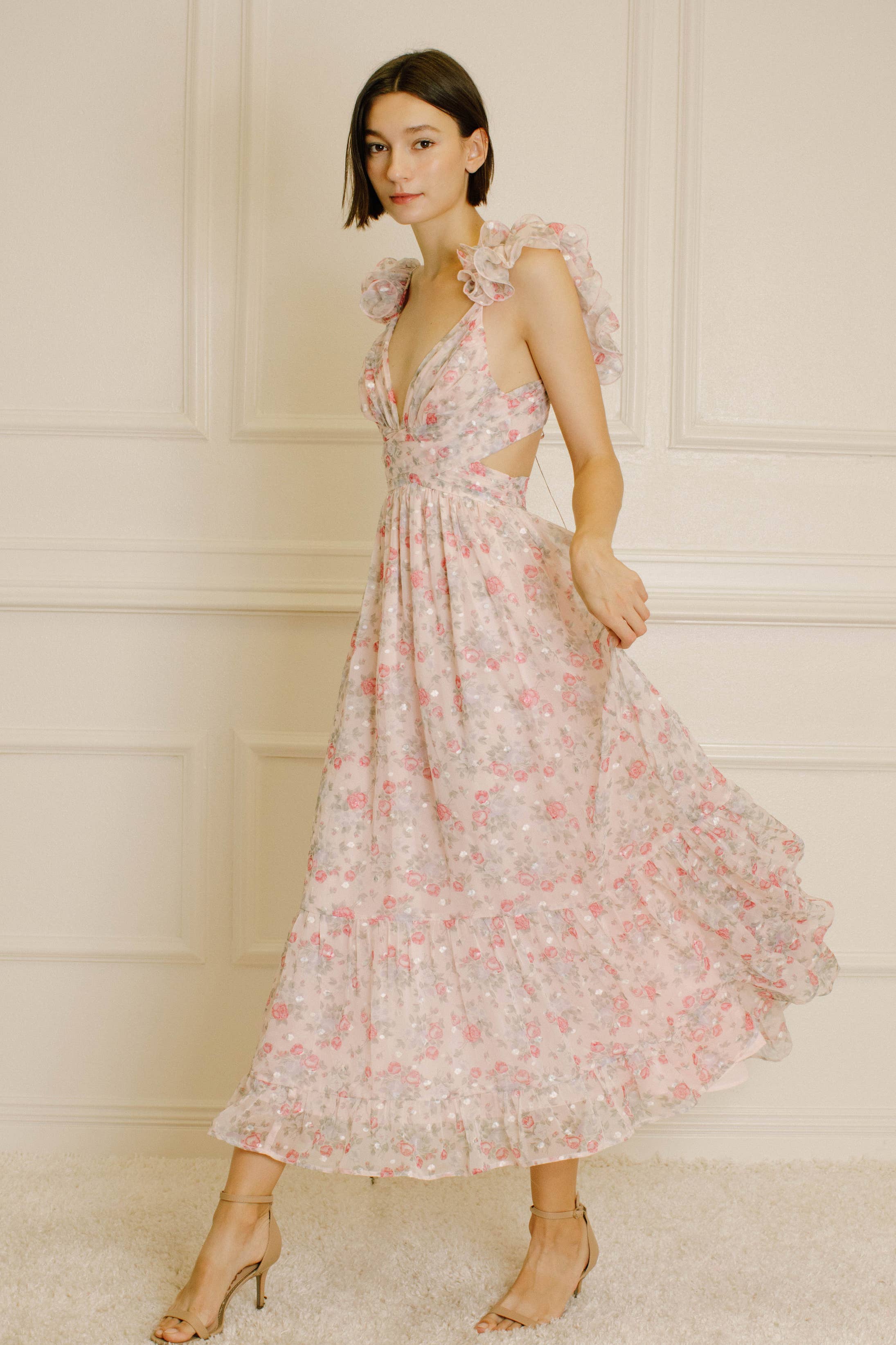 Women's Storia Floral Tiny Flowers Maxi Dress with criss-cross back tie - Miss Dressy 