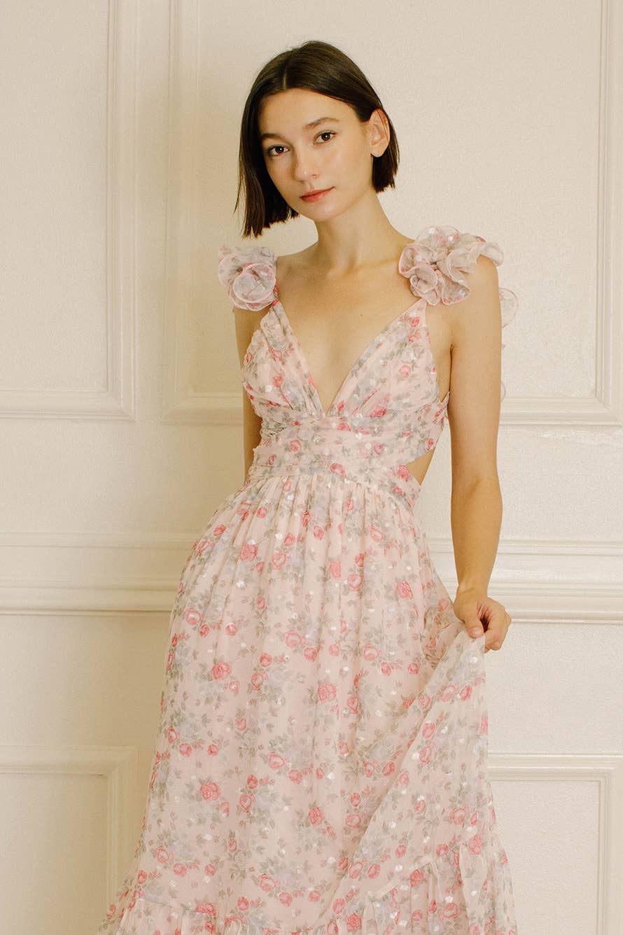 Women's Storia Floral Tiny Flowers Maxi Dress with criss-cross back tie - Miss Dressy 