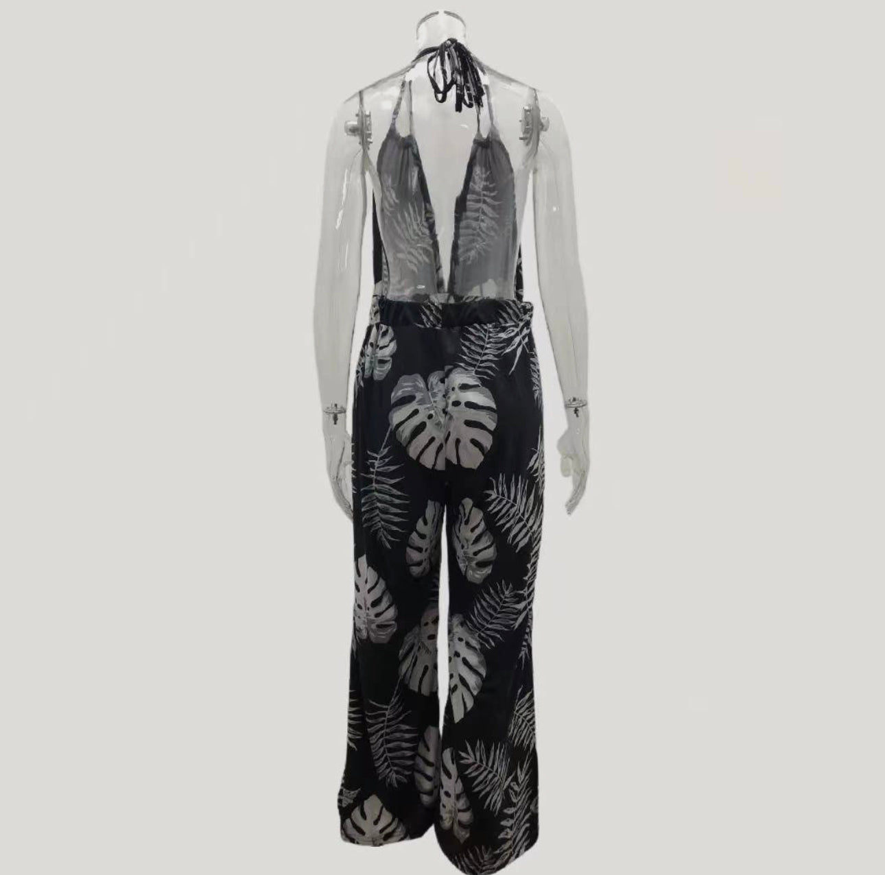 Women’s Tropical Style Leaf Print Halter SleevelessWide-Leg Jumpsuit
