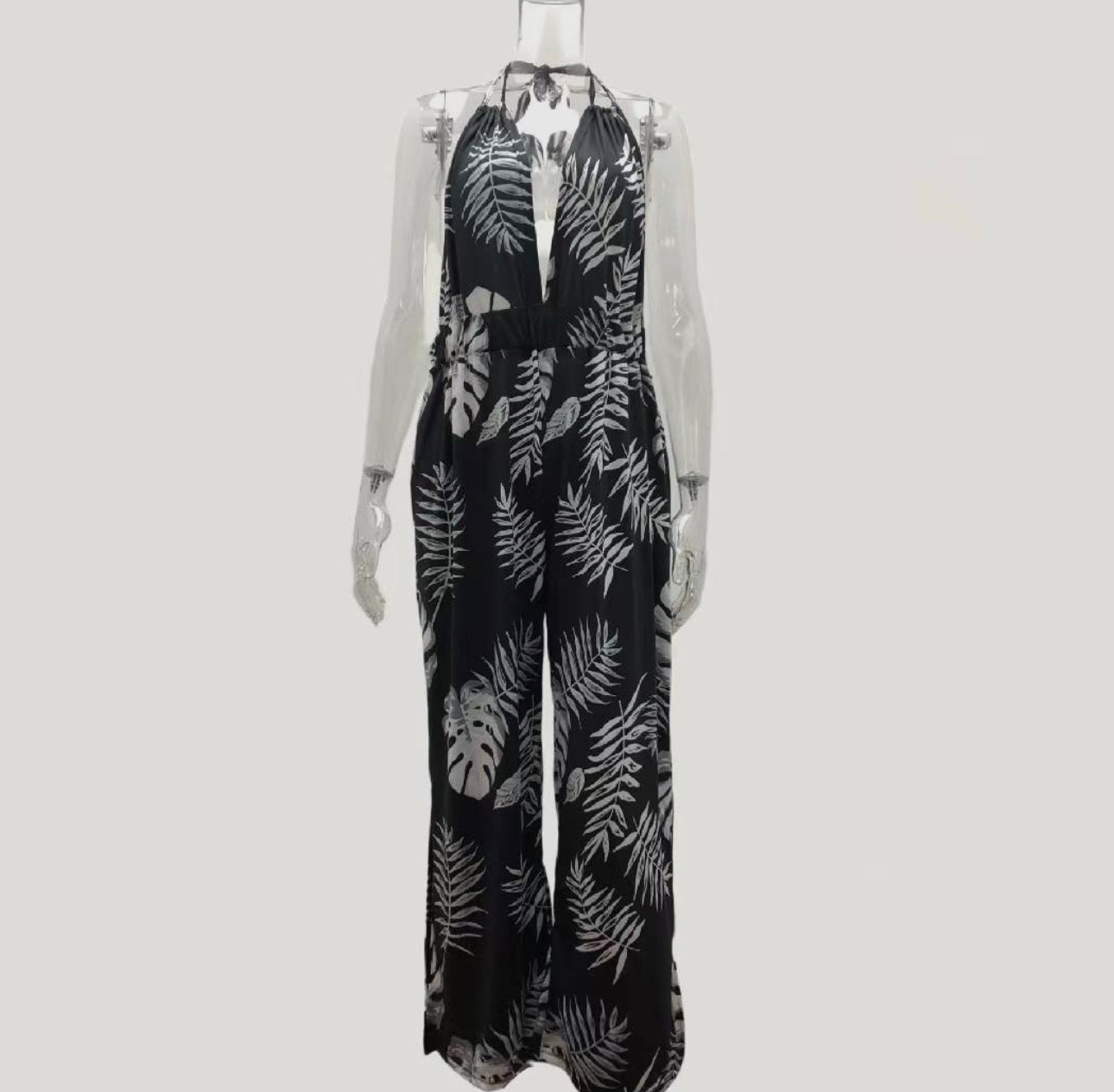 Women’s Tropical Style Leaf Print Halter SleevelessWide-Leg Jumpsuit