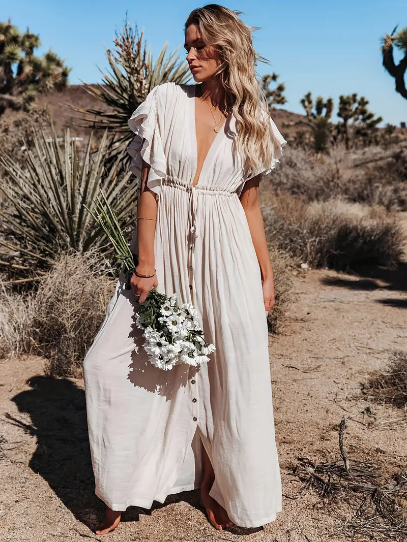 Women's Plunging Neckline Drawstring Cover Up Maxi Dress / Apricot Linen