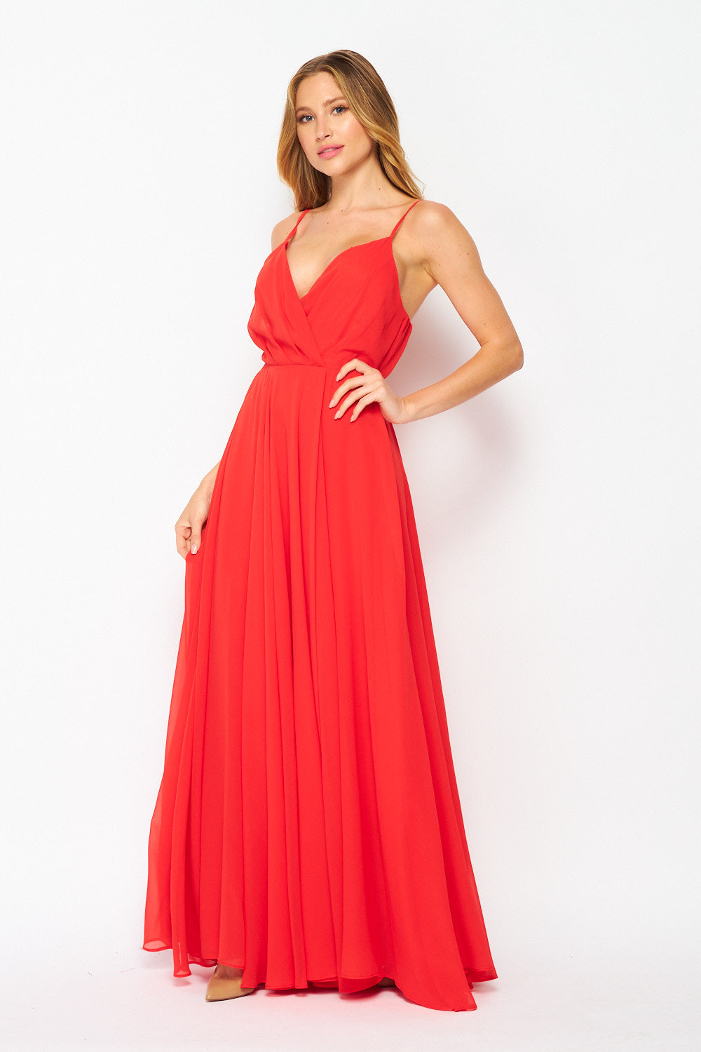 Women's Woven Tomato Red Solid Cocktail Maxi Dress