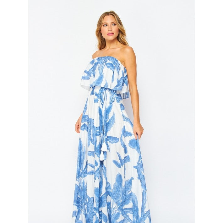 Women's Strapless Palm Printed Layered Maxi Dress - BLUE Miss Dressy Women's Strapless Palm Printed Layered Maxi Dress - BLUE Miss Dressy