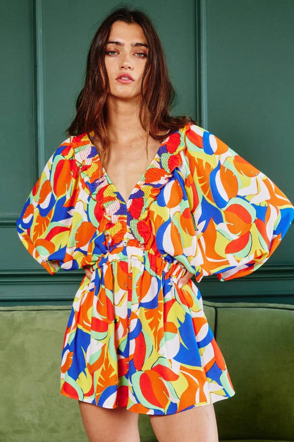 Women's Bucketlist Smocked V-Neck Ruffled Leaf Print Romper - Miss Dressy 