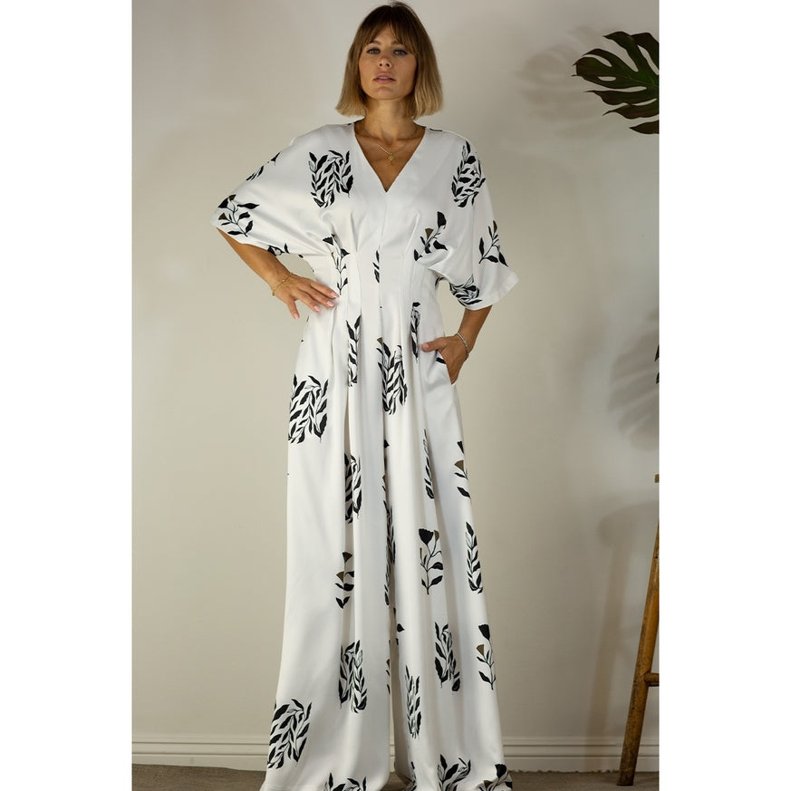 Women's Mulla Pleated Jumpsuit with Black Floral Print - Miss Dressy 