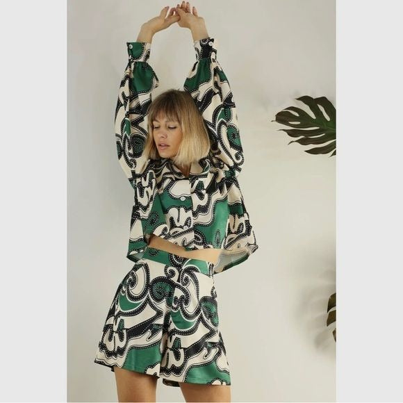 Women's Mulla Green Patterned Shirt & Short Set - Miss Dressy 