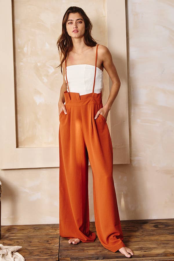 Women’s Bucketlist solid rust paper bag high waist wide leg solid knit suspender pants - Miss Dressy 