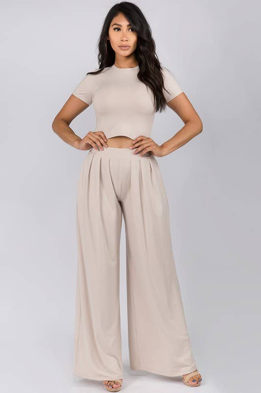 Women's Faith Apparel Crop Top & Wide Leg Palazzo Pants Set in Oatmeal - Miss Dressy 