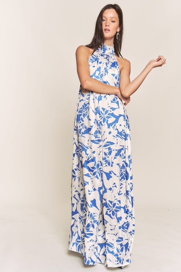 Women's Hers & Mine Butter Satin Pleated Halter Wide Leg Jumpsuit - Miss Dressy 
