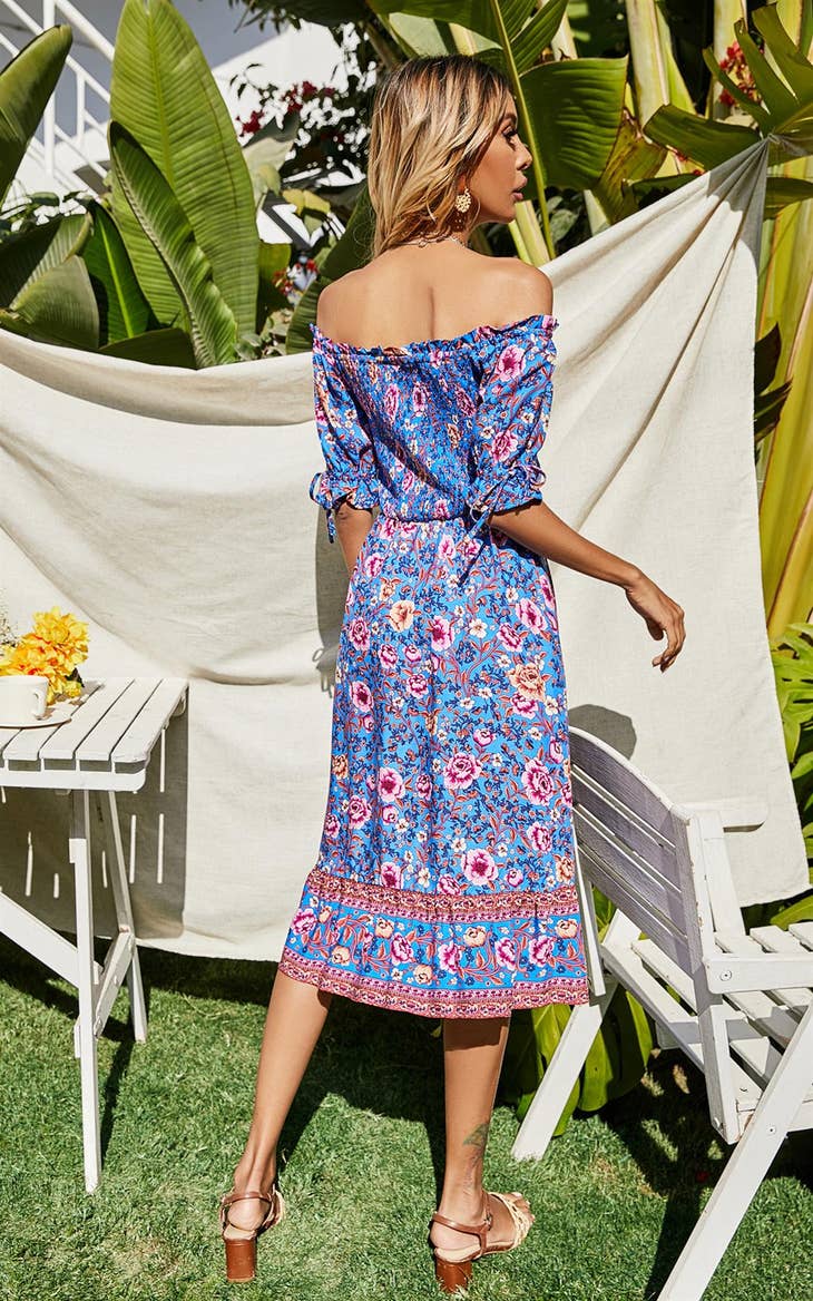 Women's FS Collection Blue & Pink Floral Print Boho Bardot Midi Dress - Miss Dressy 