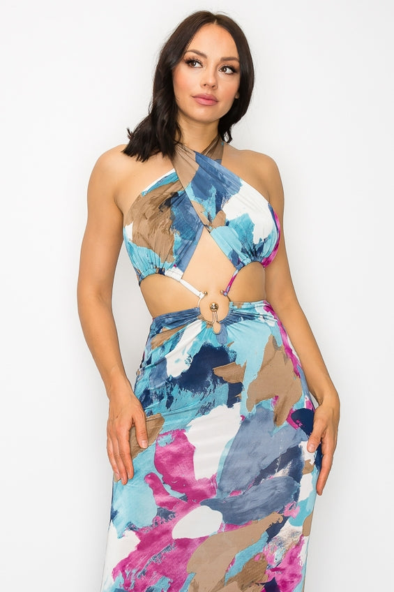 Women's Marble Cut Out Tie Backless Halter Dress