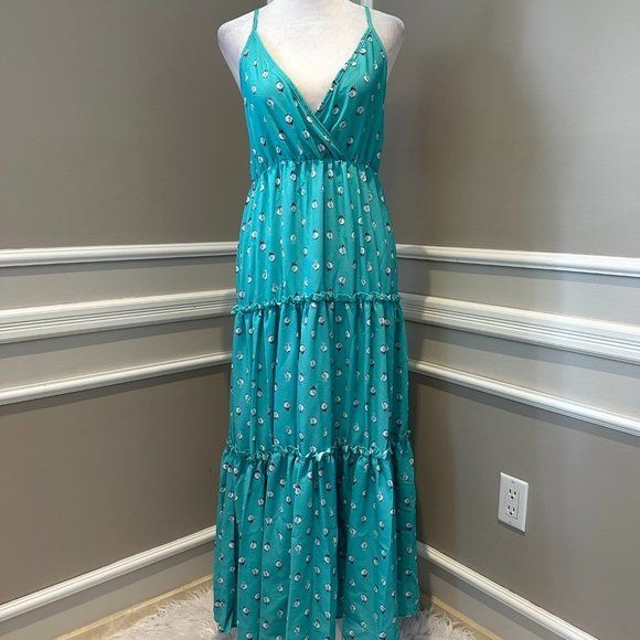 Women's Unishe Teal Aqua Floral polka dot maxi slip dress - Miss Dressy 