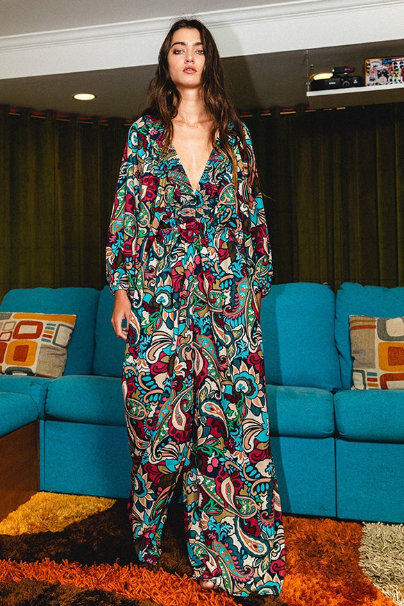 Women's Bucketlist Paisley Smocked Ruffled V-Neck Jumpsuit Teal multi-color - Miss Dressy 