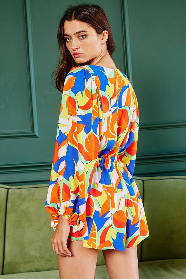 Women's Bucketlist Smocked V-Neck Ruffled Leaf Print Romper - Miss Dressy 