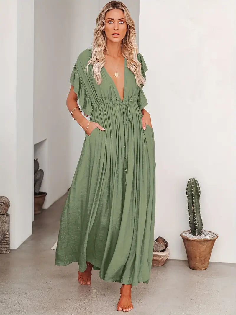 Women's Plunging Neckline Drawstring Cover Up Maxi Dress / Army Green