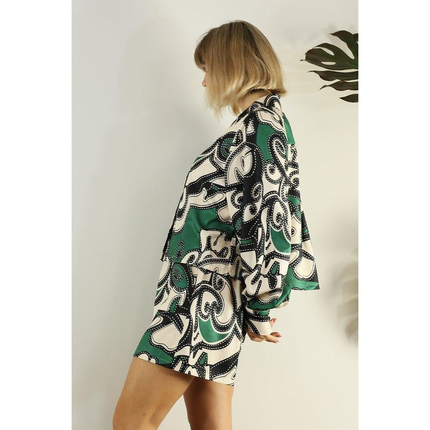 Women's Mulla Green Patterned Shirt & Short Set - Miss Dressy 