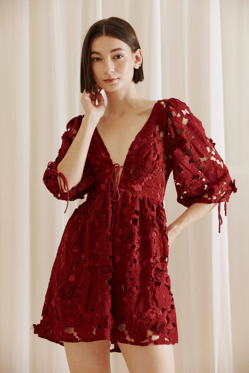 Women's Floral Eyelet Mini Dress in Dark Red