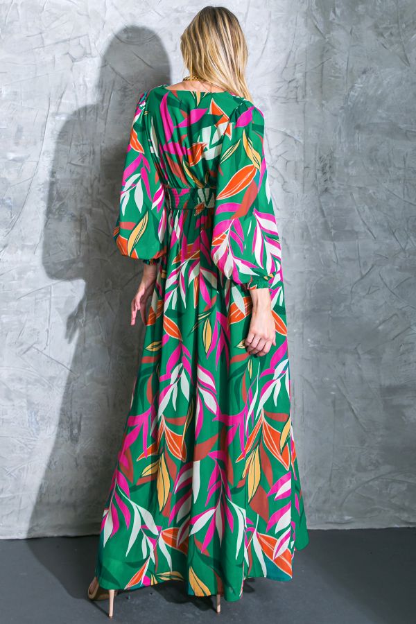 Women's Flying Tomato Leaf Print Woven Green Maxi Dress