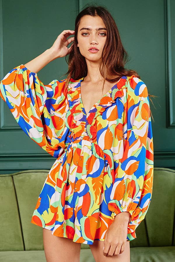 Women's Bucketlist Smocked V-Neck Ruffled Leaf Print Romper - Miss Dressy 