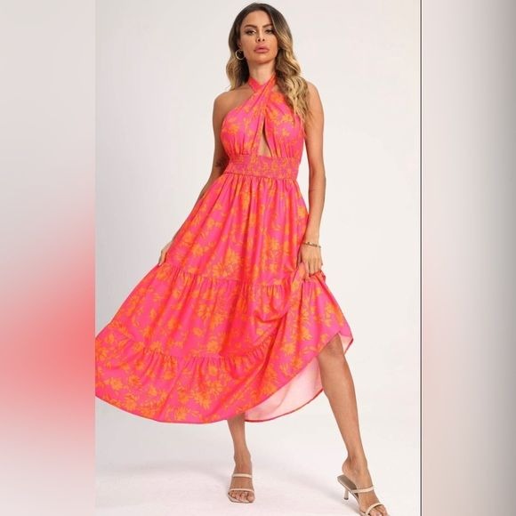 Women’s FS Collection halter neck, front criss cross tie back maxi dress in fuchsia pink - Miss Dressy 