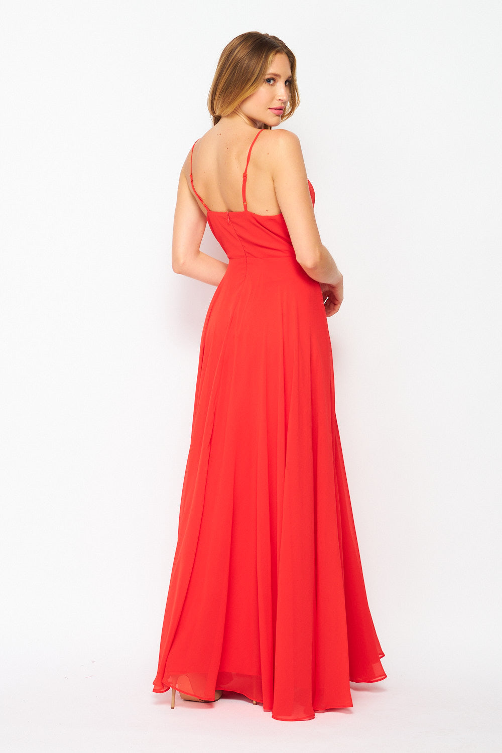 Women's Woven Tomato Red Solid Cocktail Maxi Dress