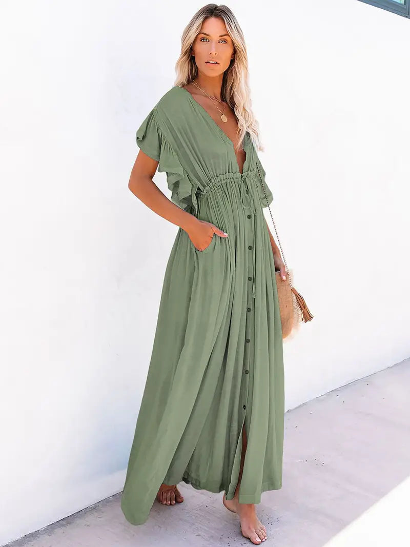 Women's Plunging Neckline Drawstring Cover Up Maxi Dress / Army Green