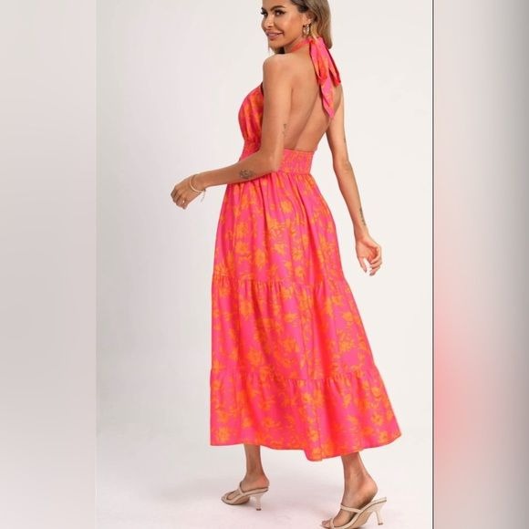 Women’s FS Collection halter neck, front criss cross tie back maxi dress in fuchsia pink - Miss Dressy 