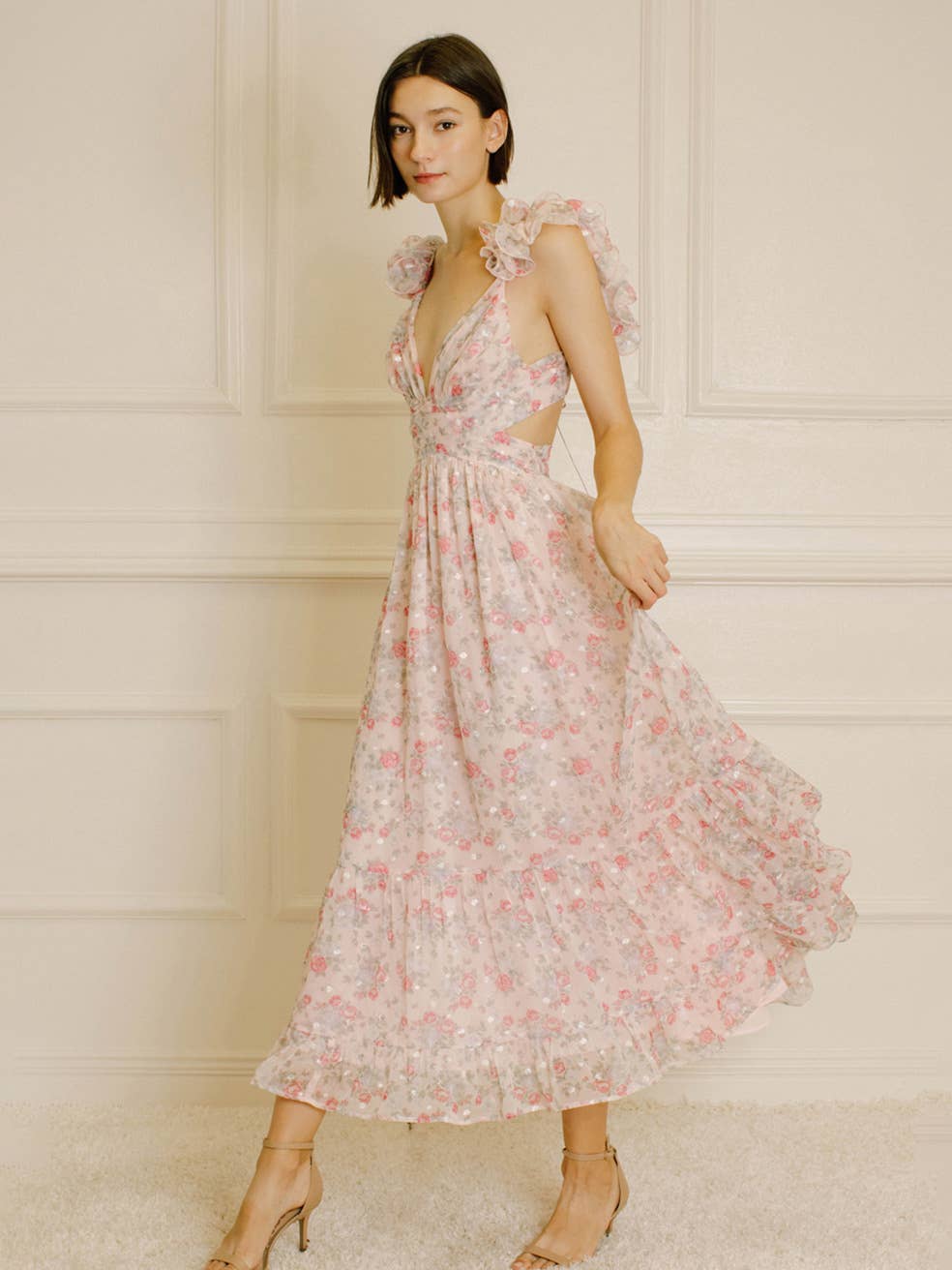 Women's Storia Floral Tiny Flowers Maxi Dress with criss-cross back tie - Miss Dressy 