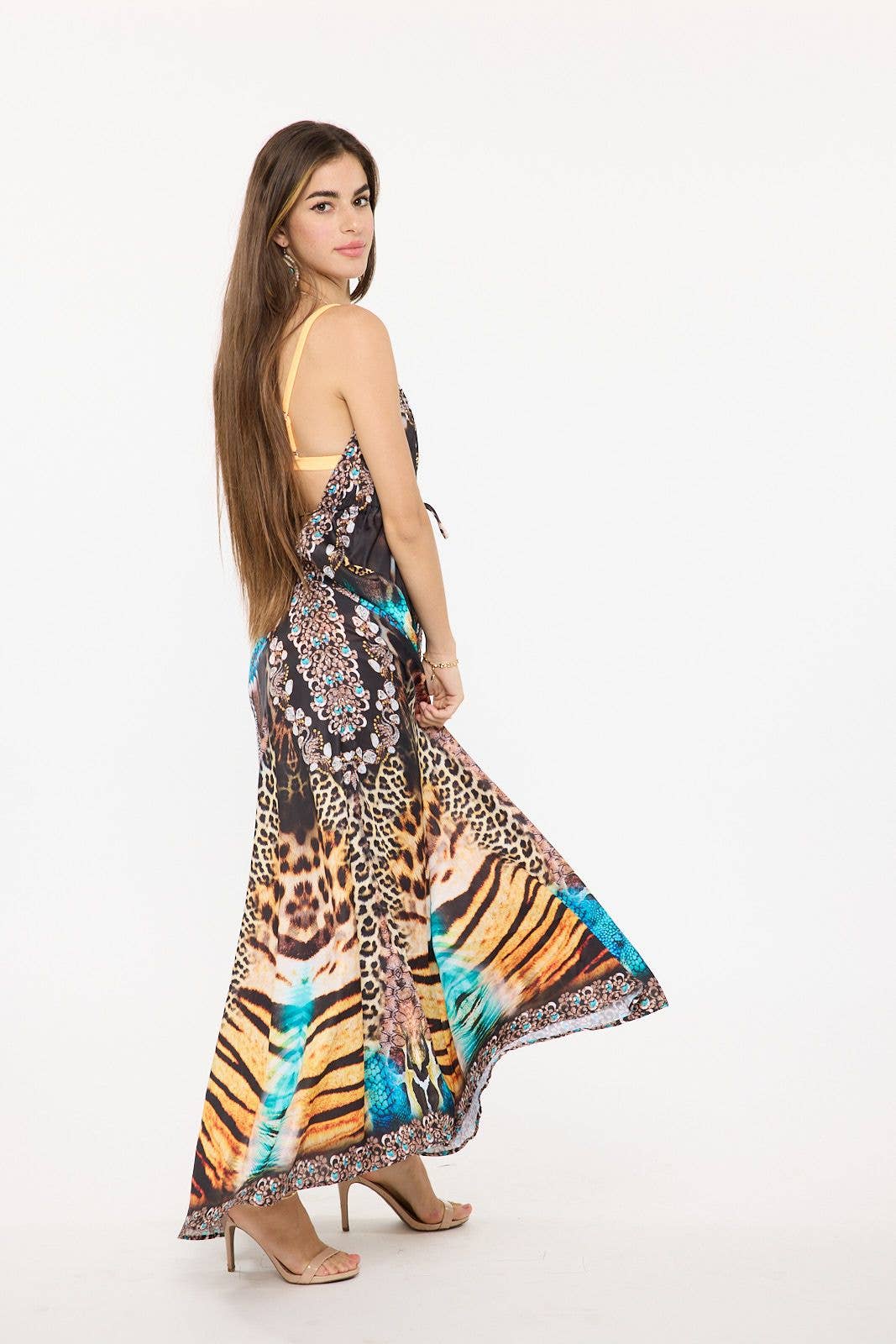 Women's Aqua Animal Print Halter Maxi Dress