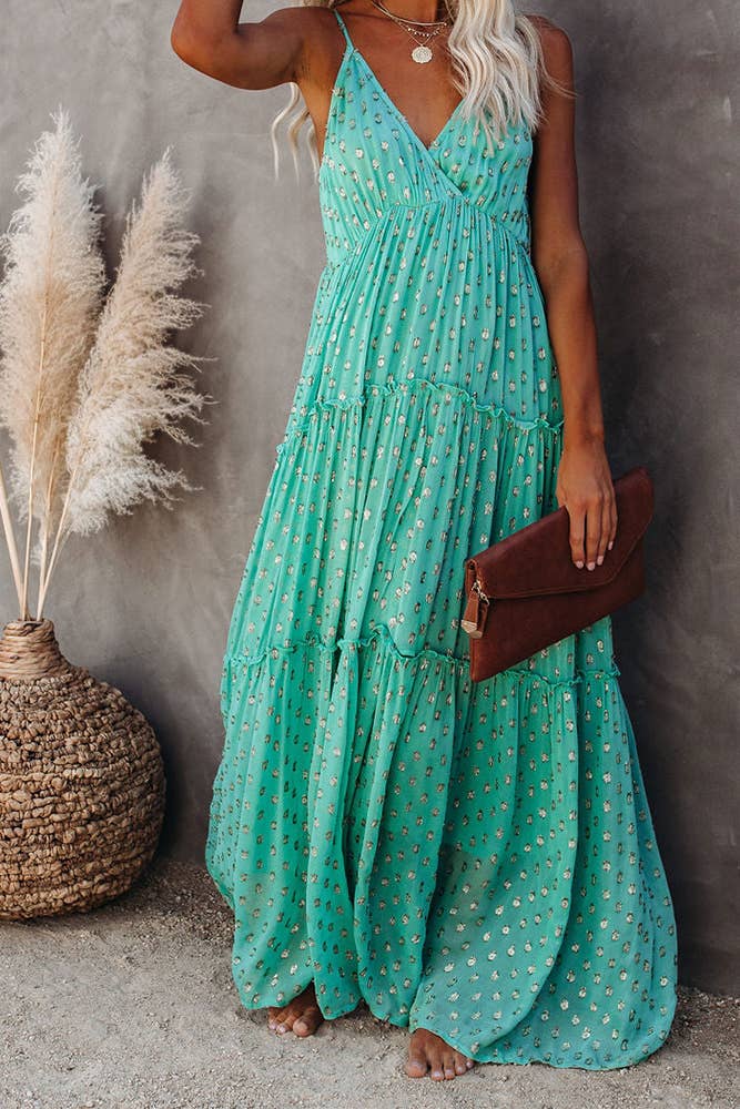 Women's Unishe Teal Aqua Floral polka dot maxi slip dress - Miss Dressy 