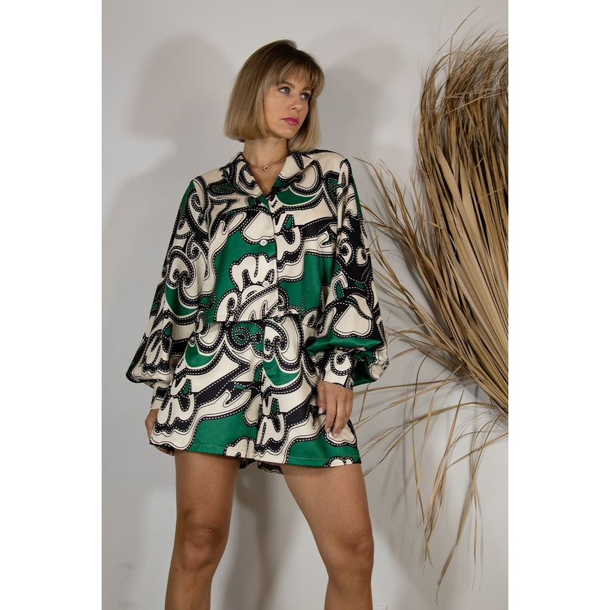 Women's Mulla Green Patterned Shirt & Short Set - Miss Dressy 