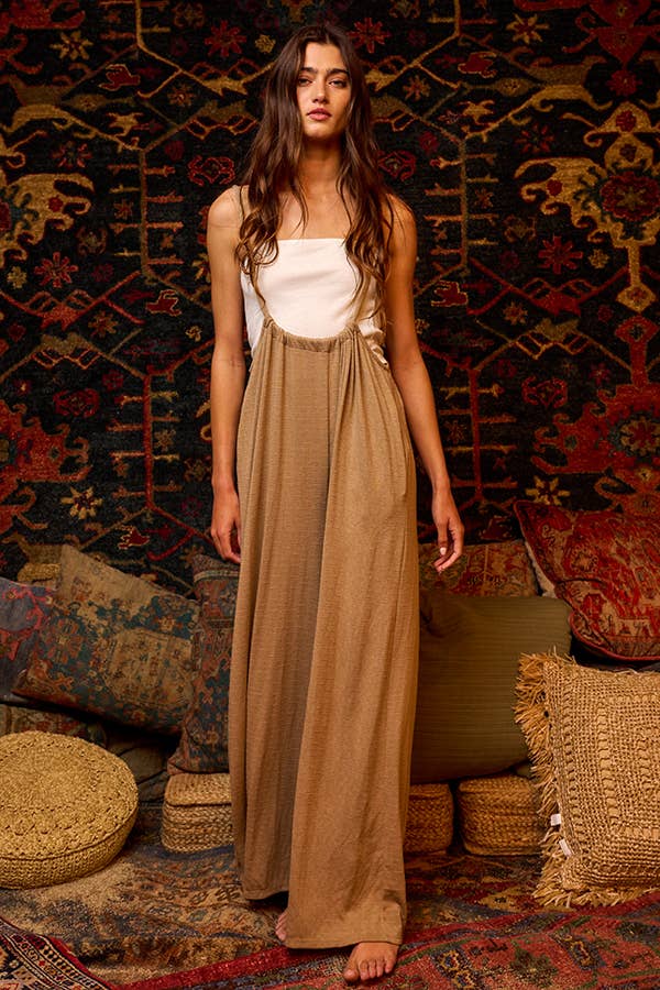 Women’s Bucketlist casual taupe boho wide leg solid knit textured suspender pants - Miss Dressy 