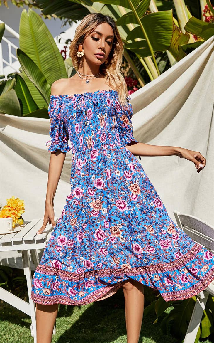Women's FS Collection Blue & Pink Floral Print Boho Bardot Midi Dress - Miss Dressy 