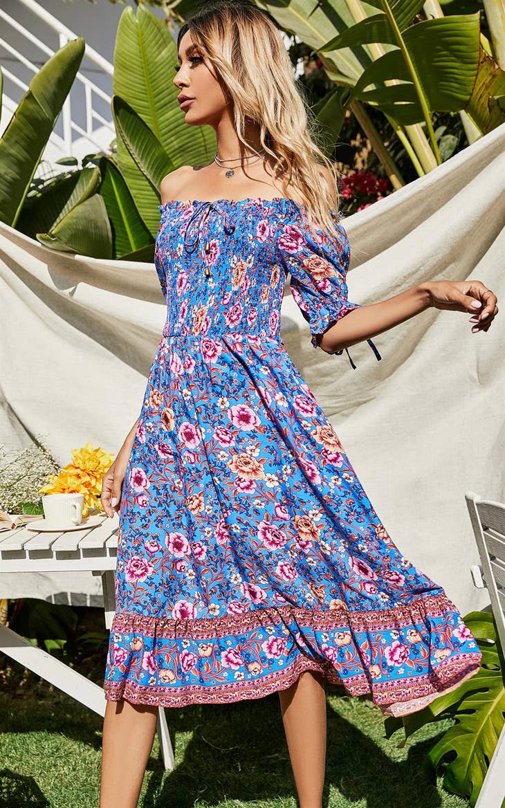 Women's FS Collection Blue & Pink Floral Print Boho Bardot Midi Dress - Miss Dressy 