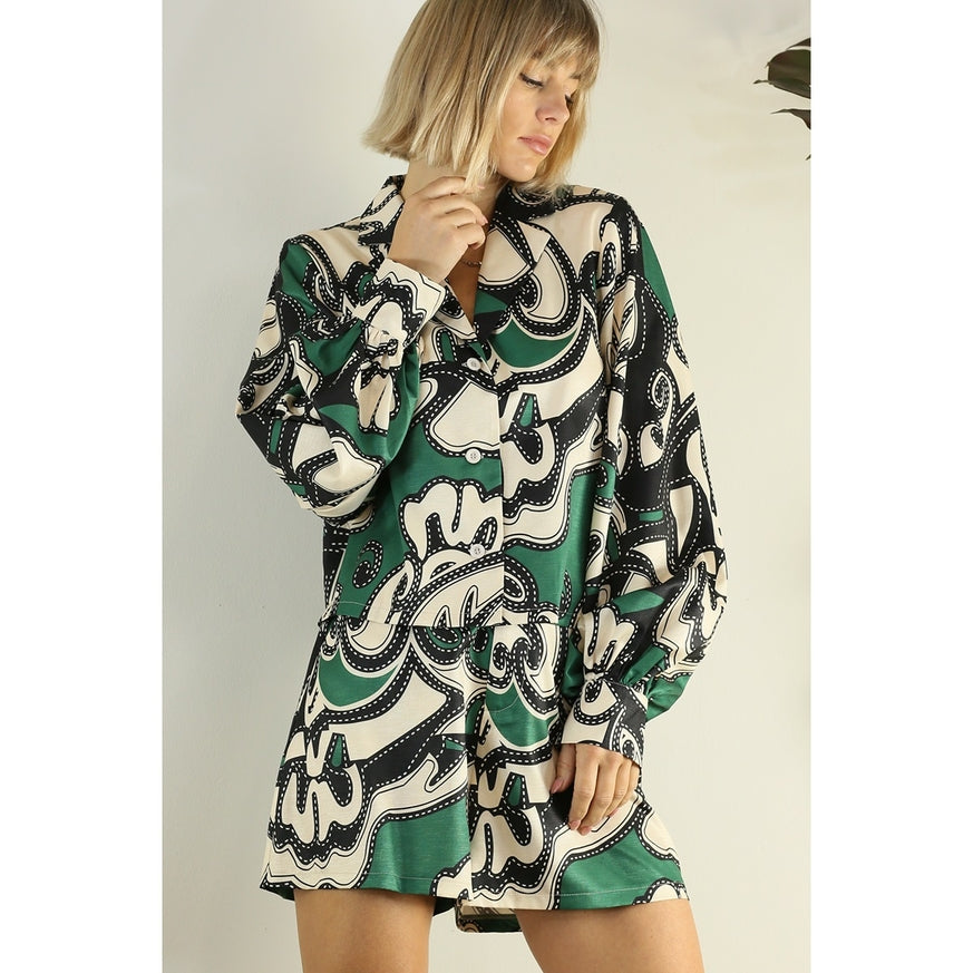 Women's Mulla Green Patterned Shirt & Short Set - Miss Dressy 