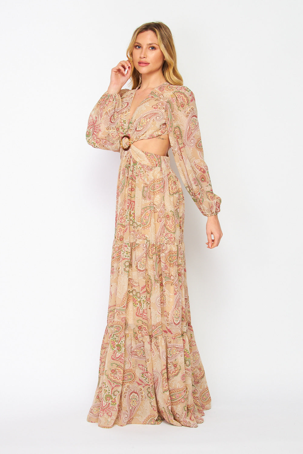 Women's Faith Apparel O-Ring Cut Out Taupe Paisley Print Maxi Dress - Miss Dressy 