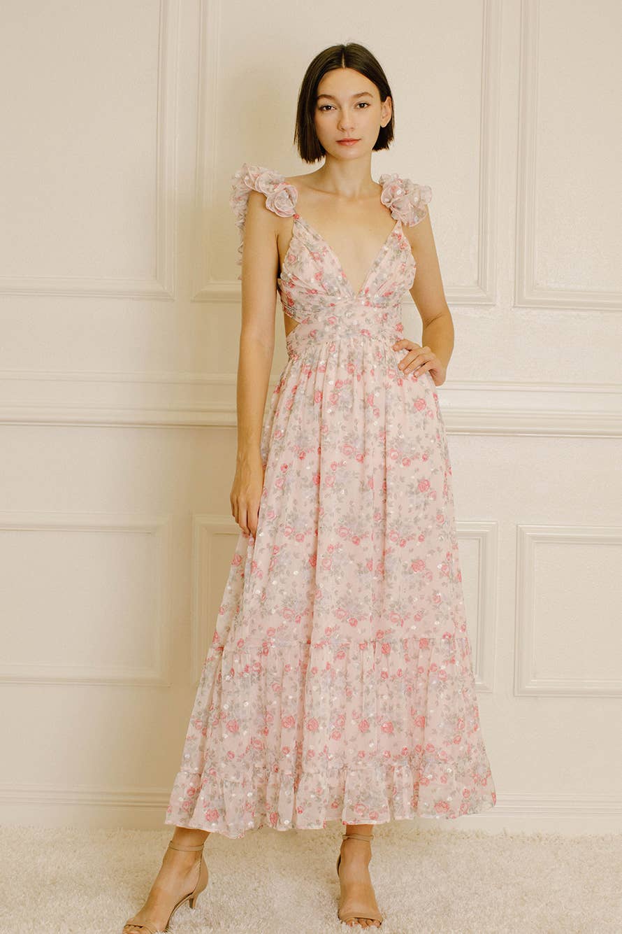 Women's Storia Floral Tiny Flowers Maxi Dress with criss-cross back tie - Miss Dressy 