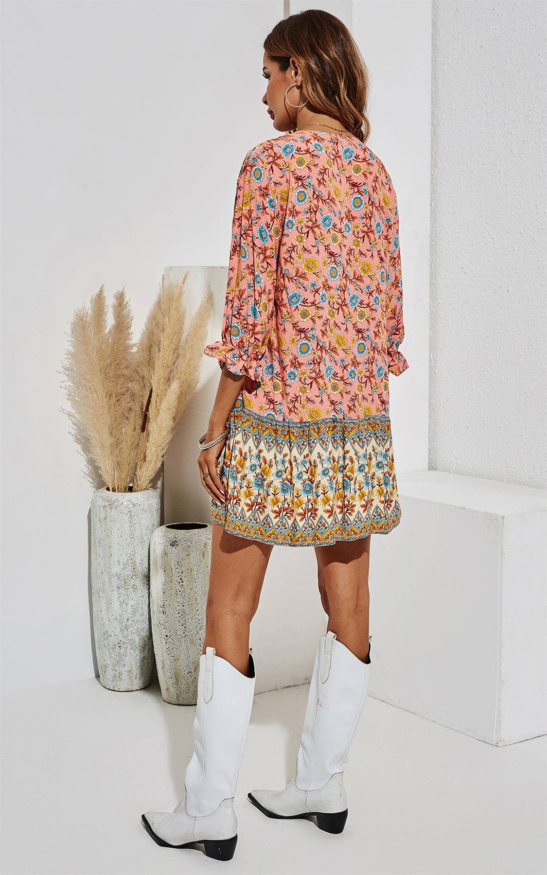Women's FS Collection Yellow & Blue Floral Print Button Front Mini Dress In Pink - Miss Dressy 